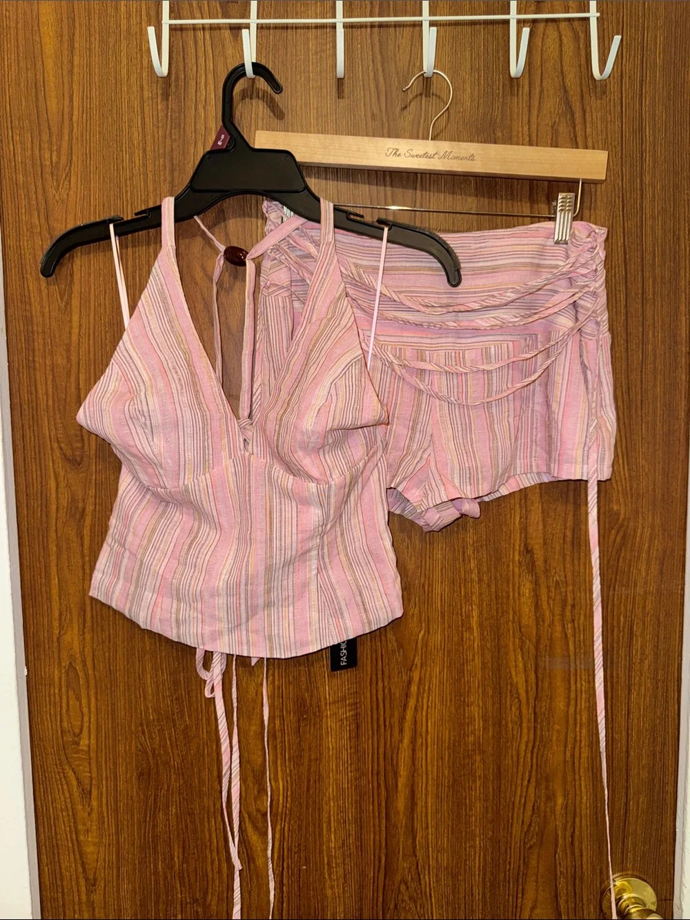 Fashion Nova Pink Striped Halter Crop Top & Matching Shorts Set